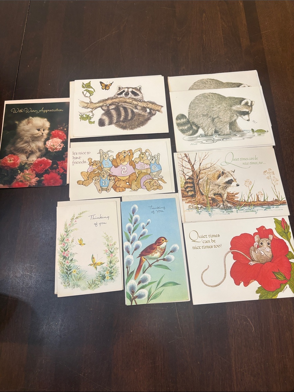 9 Assorted vintage Animal Greeting Cards - Raccoon, Bird, Kitten